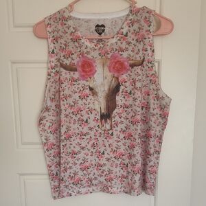 Modern Lux Floral Skull Muscle Tee - Pink and White